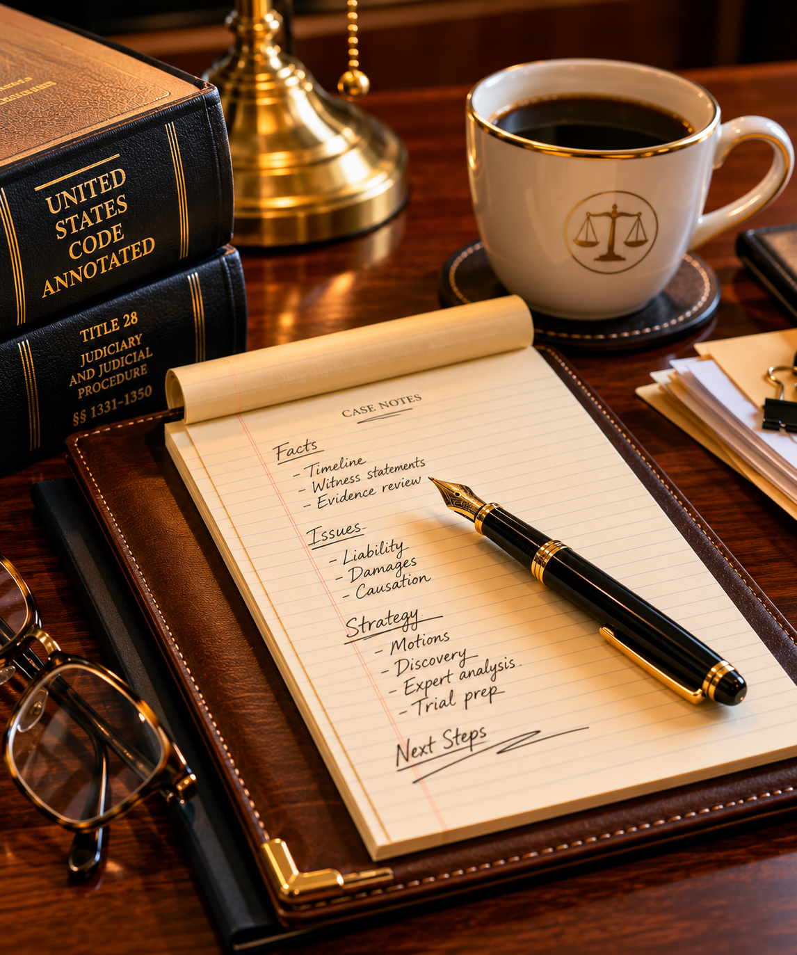 Federal case preparation — legal pad, statutes, desk